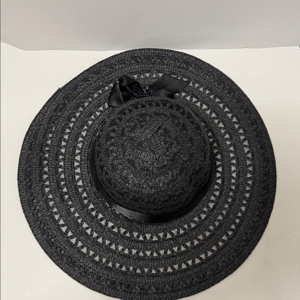 Black Wide Brim Straw Sun Hat with Satin Band